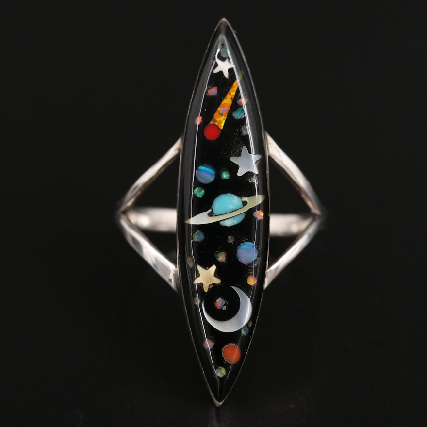 Sterling Silver Space Motif Inlay Ring with Mother of Pearl