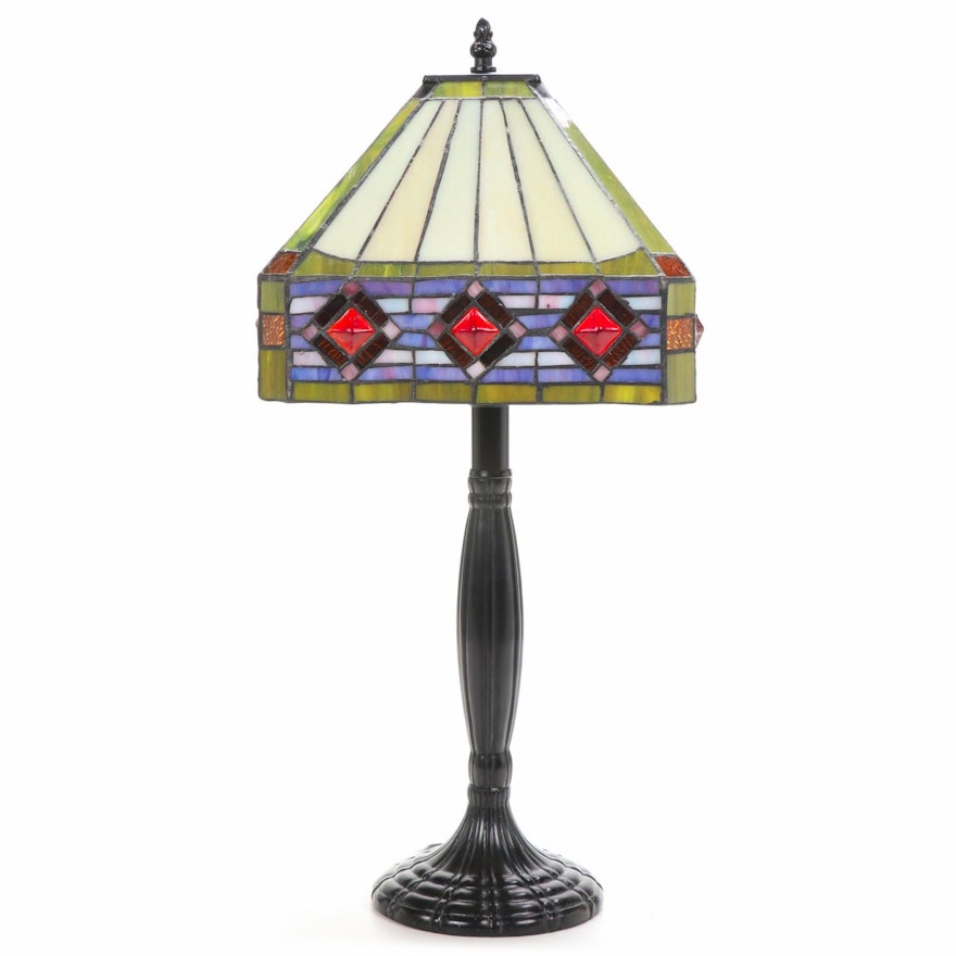 Stained and Slag Glass Shade with Metal Body Table Lamp