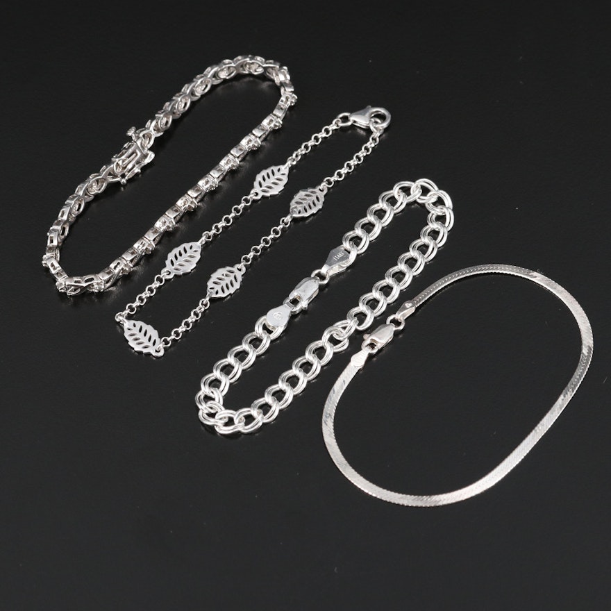 Selection of Sterling Bracelets with Diamond Line and Leaf Bracelets