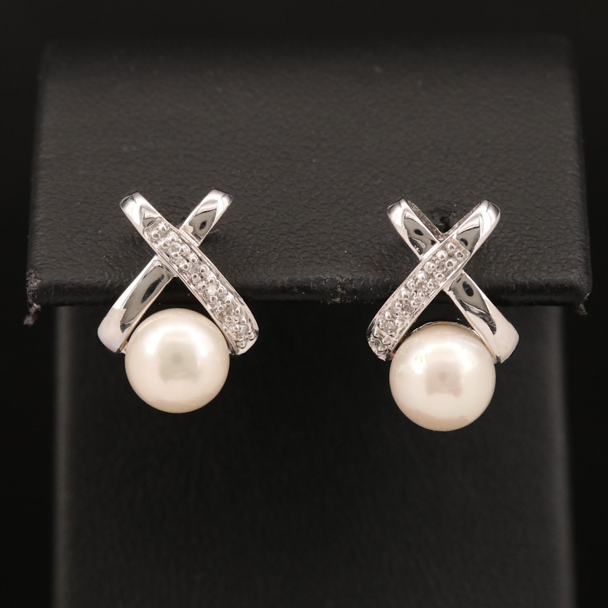 10K Pearl and Diamond Crossover Stud Earrings