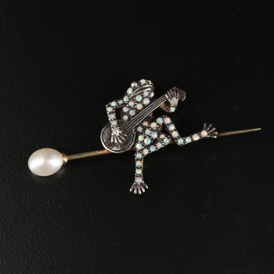 Sterling Silver and 9K Gold Frog with Banjo Brooch with Opal, Diamond and Pearl