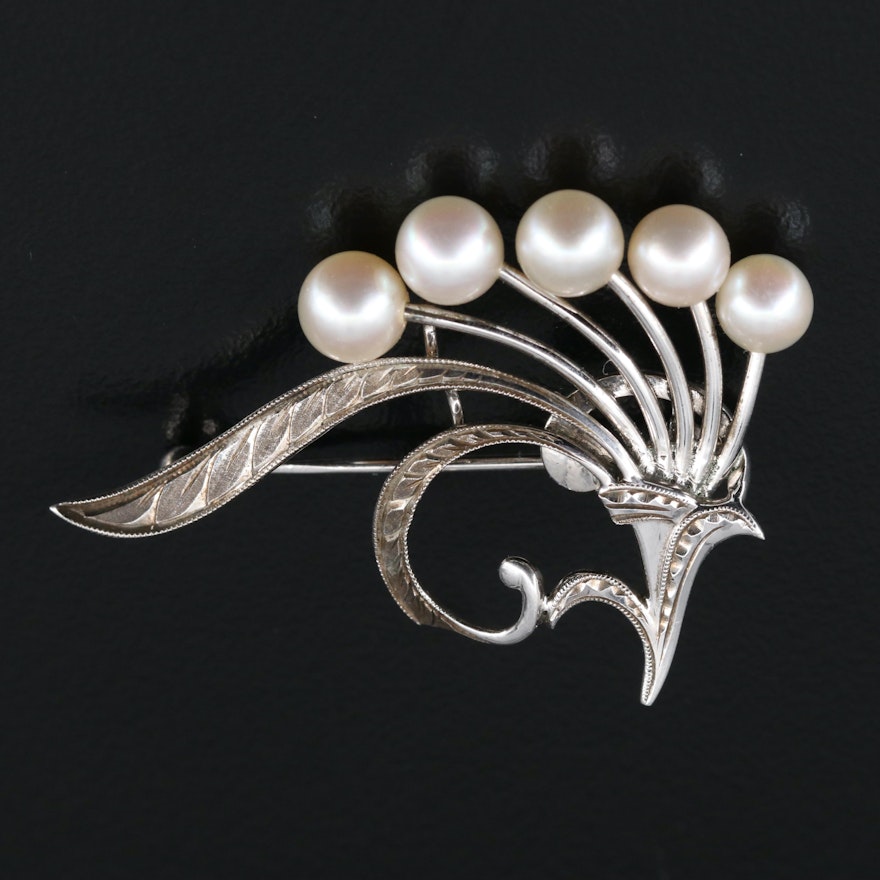 Vintage Mikimoto Sterling Silver and Pearl Floral Motif Brooch