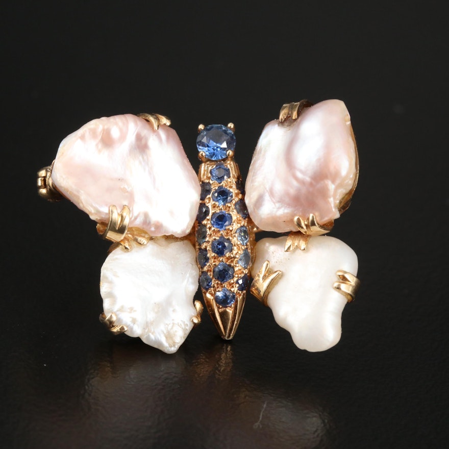 Vintage 14K Baroque Pearl and Sapphire Butterfly Brooch