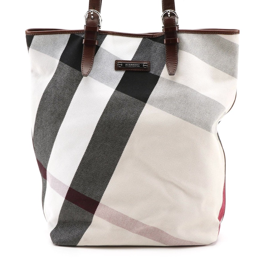 Burberry "Nova Check" Canvas and Brown Leather Tote