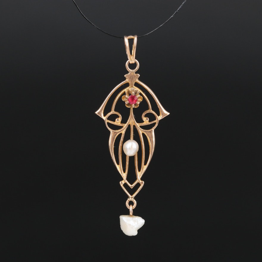 Art Nouveau 10K Glass, Seed Pearl and Dogtooth Pearl Lavalier Pendant