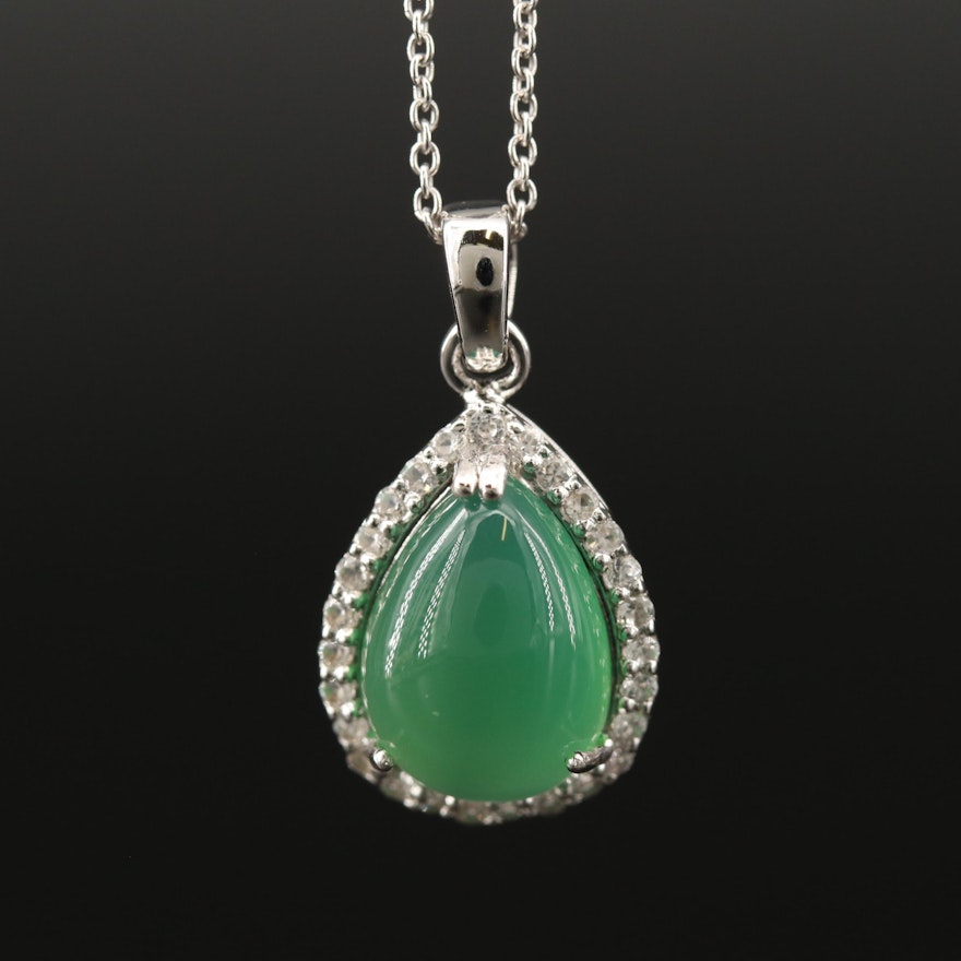 Sterling Green Chalcedony and Sapphire Halo Pendant Necklace