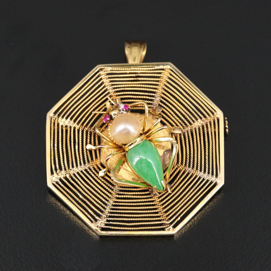 Vintage 14K Pearl, Jadeite and Ruby Spider Converter Brooch