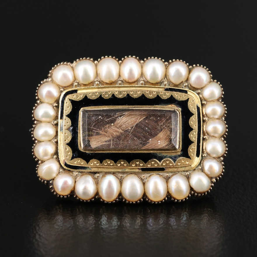 Late Georgian 14K Pearl and Glass Handkerchief Mourning Pin with Hair Chamber