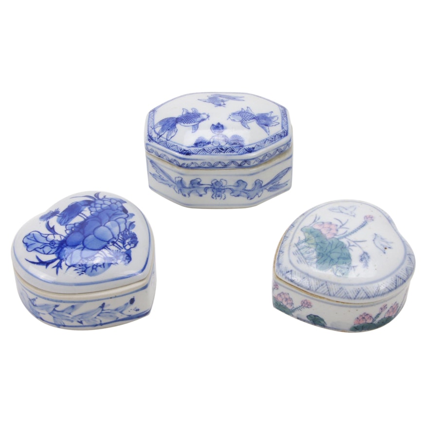 Chinese Hand-Painted Lidded Porcelain Trinket Boxes