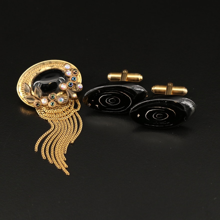 Vintage Marena Handarbeit Black Onyx Brooch with Black Coral Cufflinks