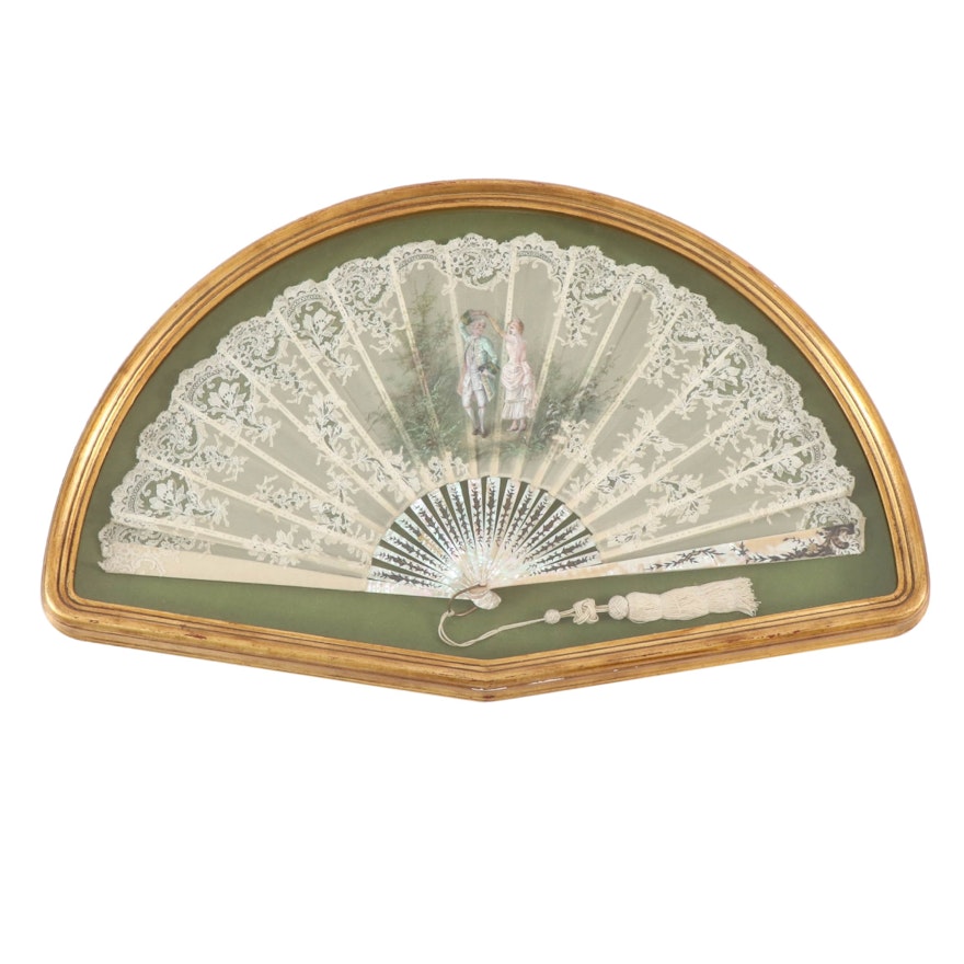 Hand-Painted Lace Hand Fan with Mother-of-Pearl Spines, Late 19th Century