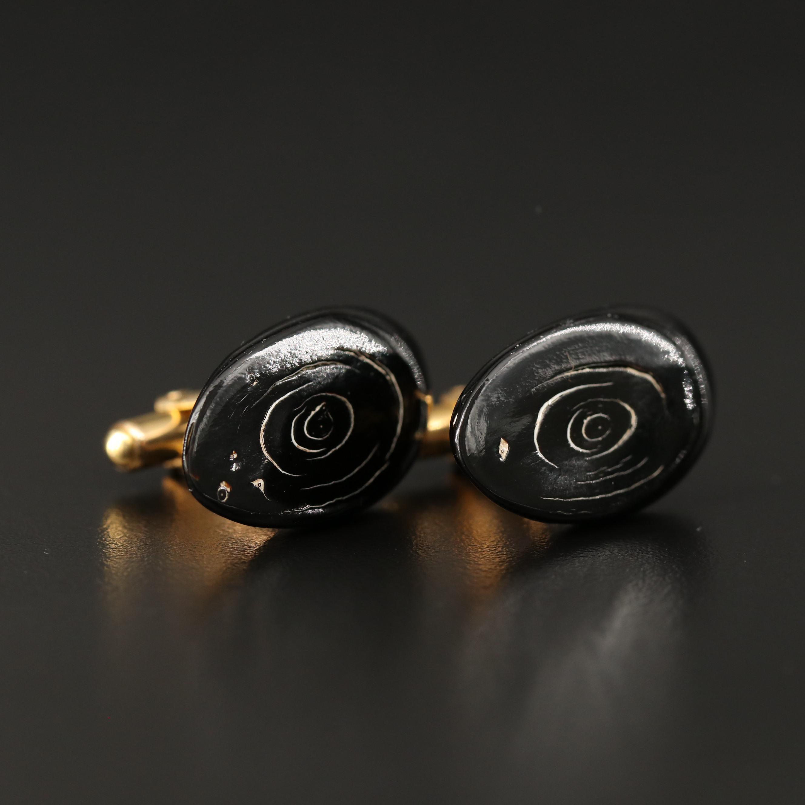 Vintage Marena Handarbeit Black Onyx Brooch with Black Coral Cufflinks