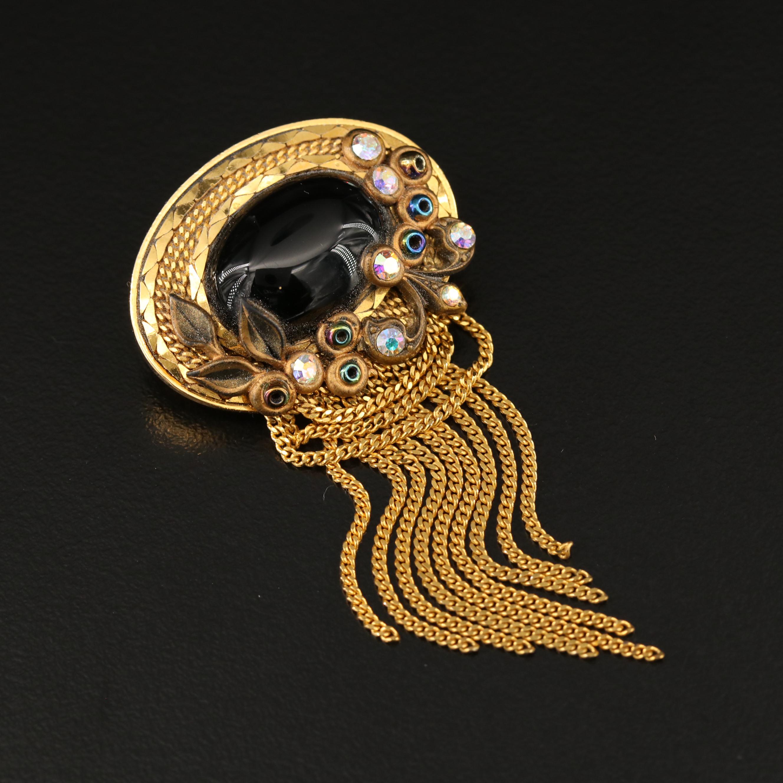 Vintage Marena Handarbeit Black Onyx Brooch with Black Coral Cufflinks