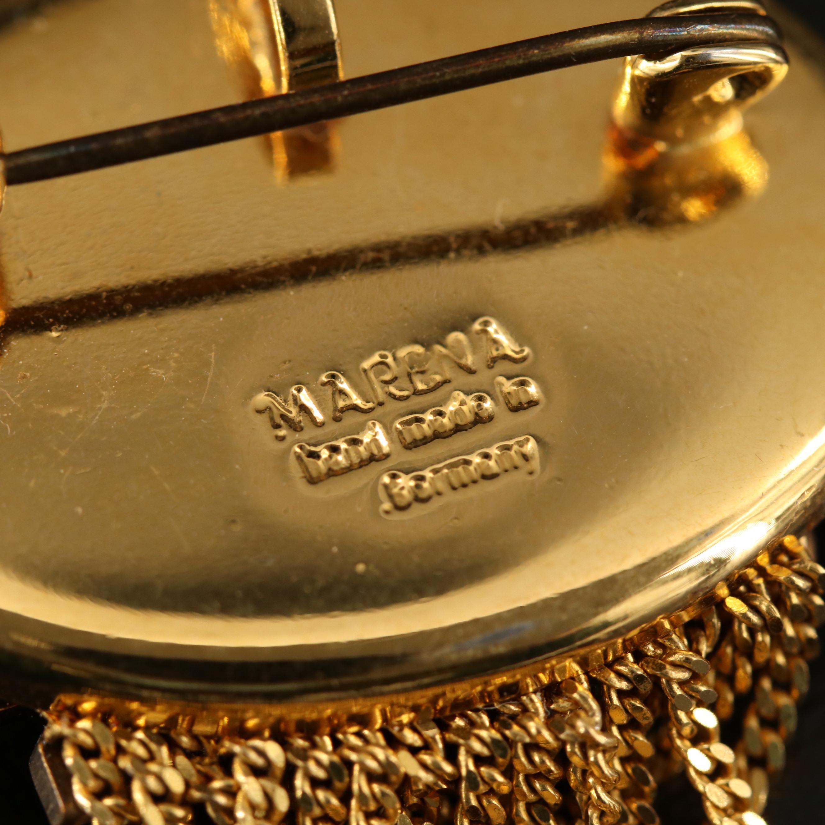 Vintage Marena Handarbeit Black Onyx Brooch with Black Coral Cufflinks