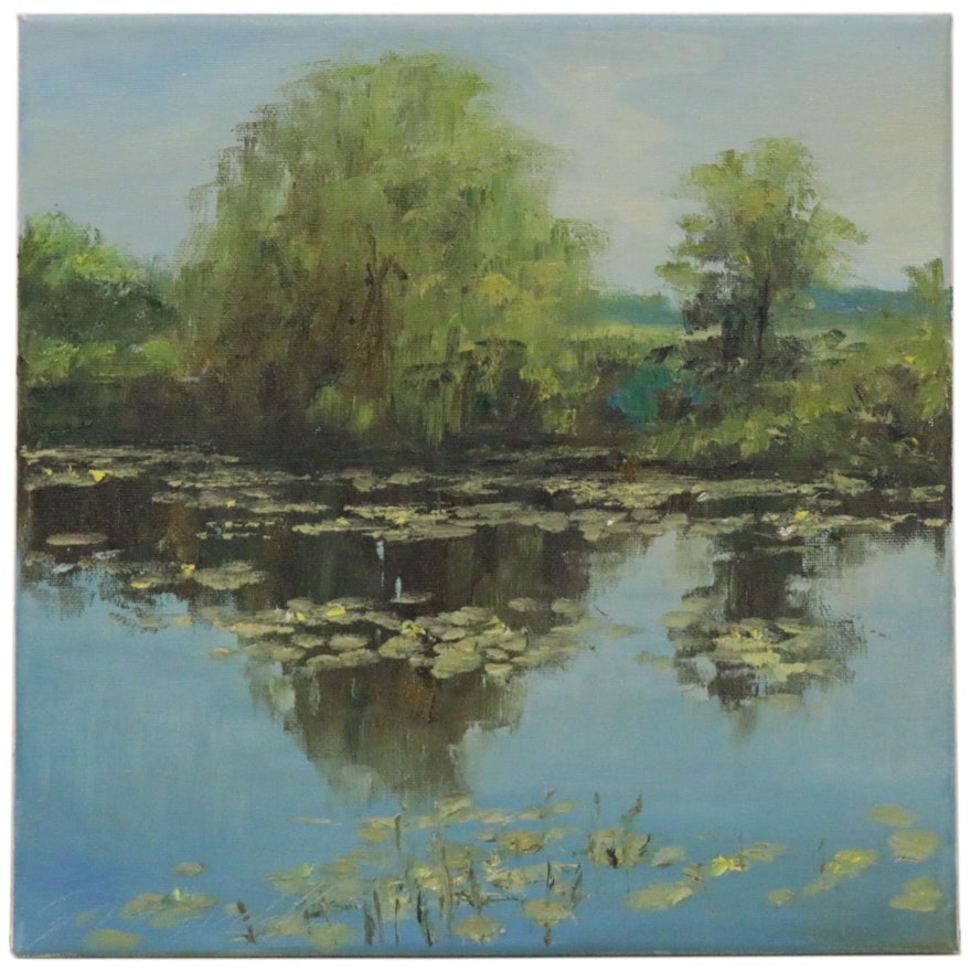 Garncarek Aleksander Landscape Oil Painting "Near the Pond," 2020