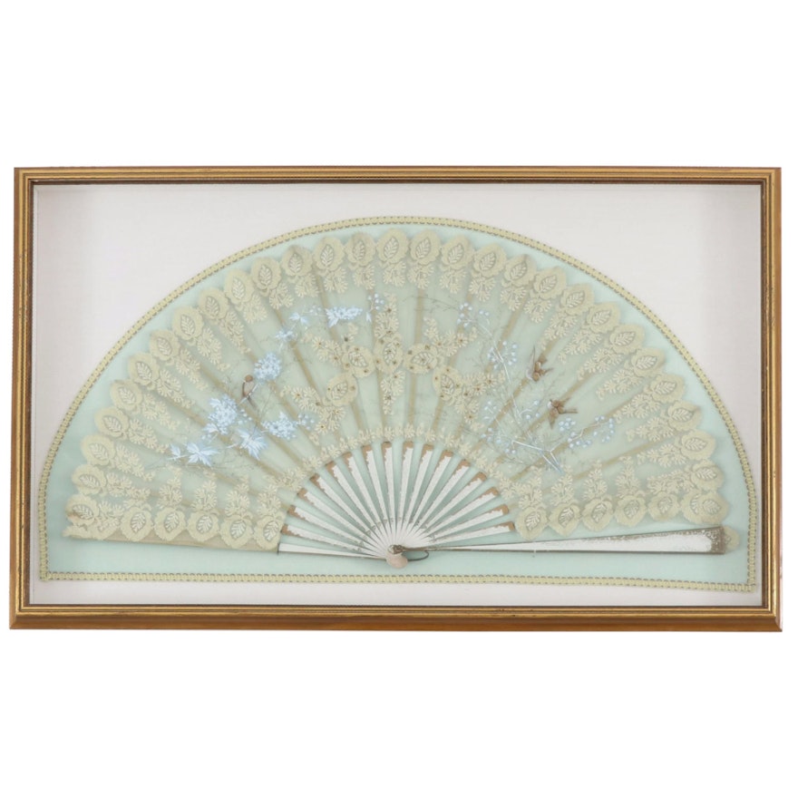 Hand-Painted Framed Lace Hand Fan, Late 20th Century
