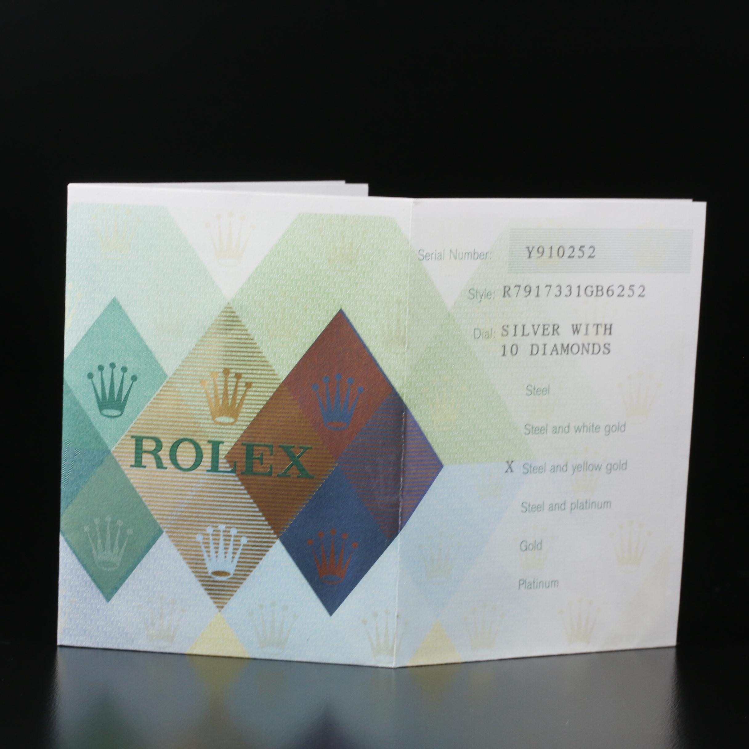 Rolex Datejust 18K and Stainless Steel Watch with Factory Diamond Dial