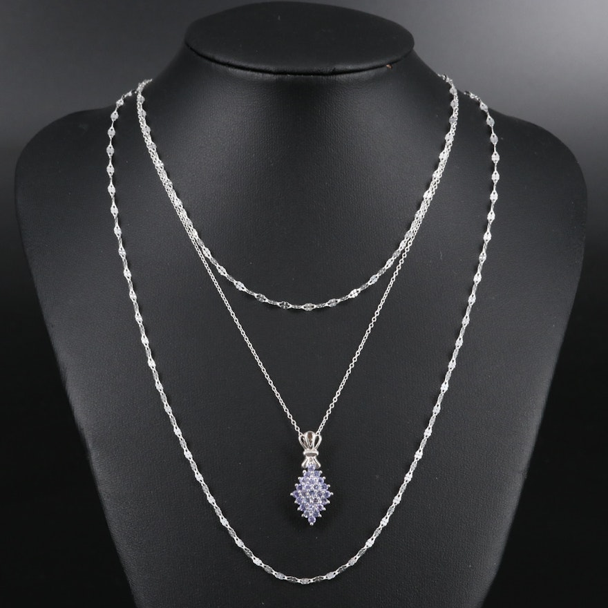 Sterling Silver Tanzanite Pendant Necklace with Fancy Link Chains