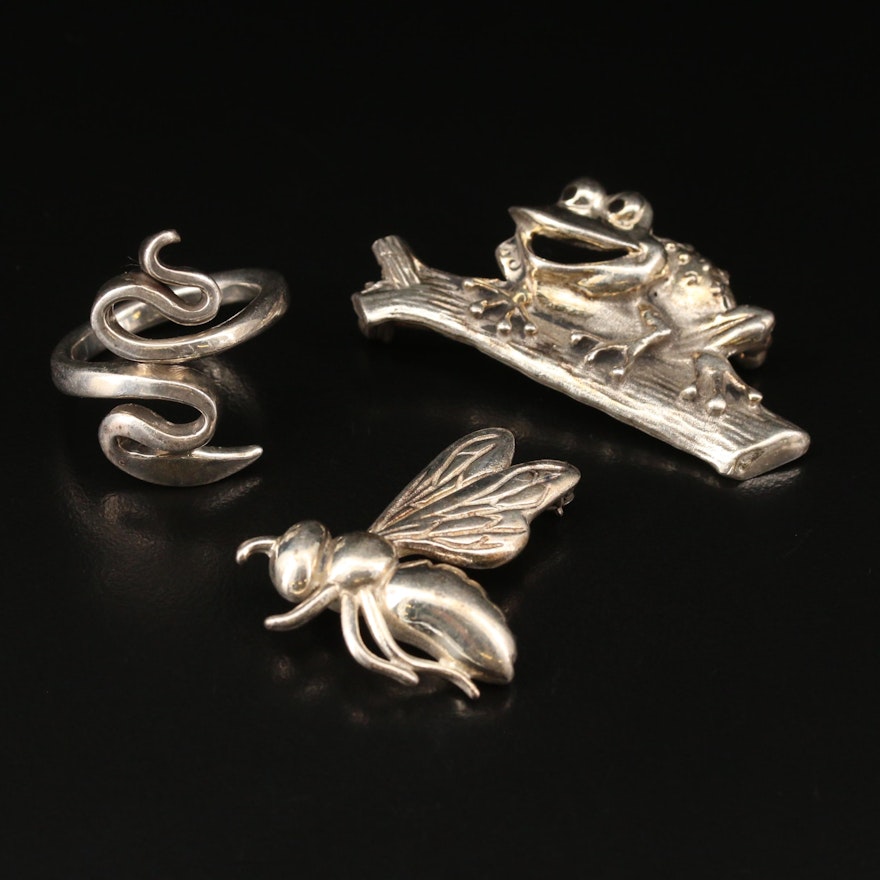 Sterling Silver "Snake" Ring with Frog and Bee Brooches