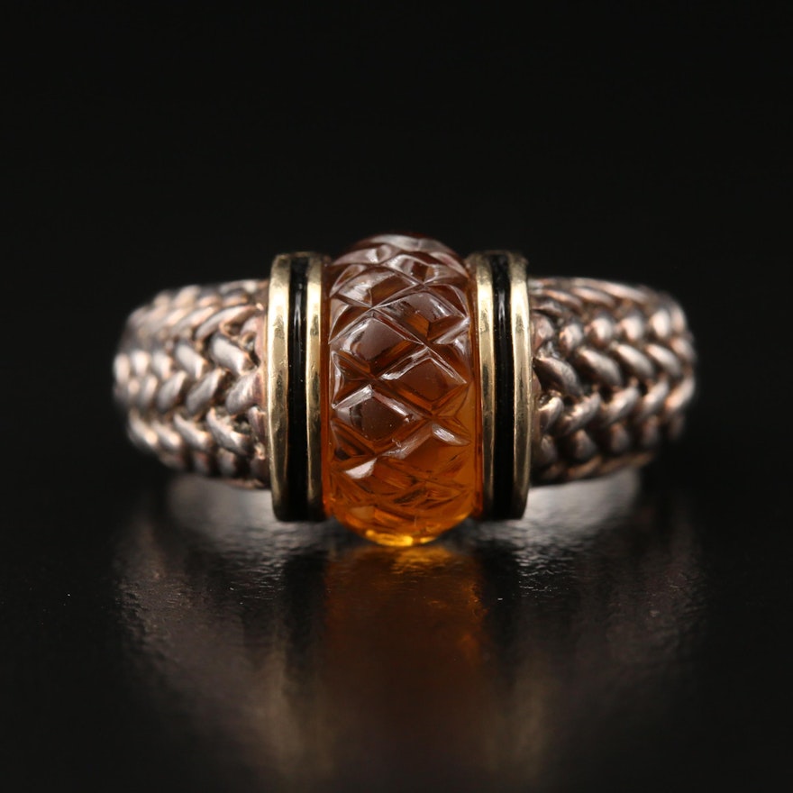 Sterling Silver Carved Citrine and Enamel Ring with 18K Accents