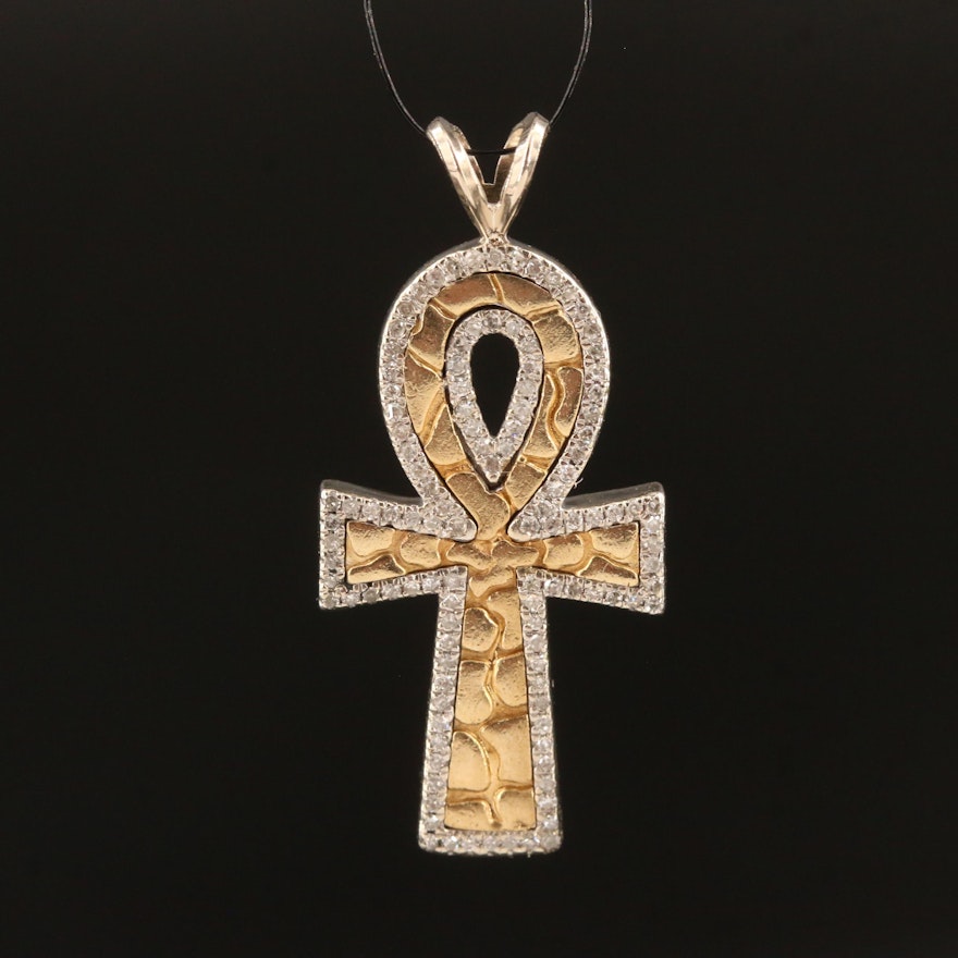 10K Diamond Ankh Pendant with Pebbled Textured