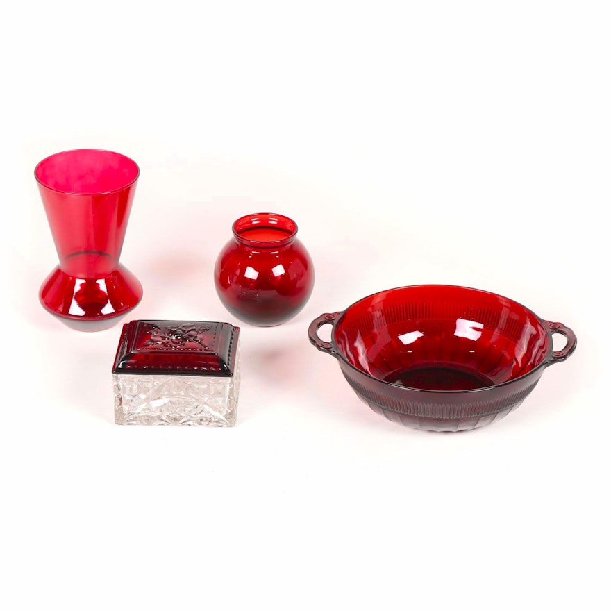 Ruby Glass Bowl, Vases, and Keepsake Box, Mid to Late 20th Century