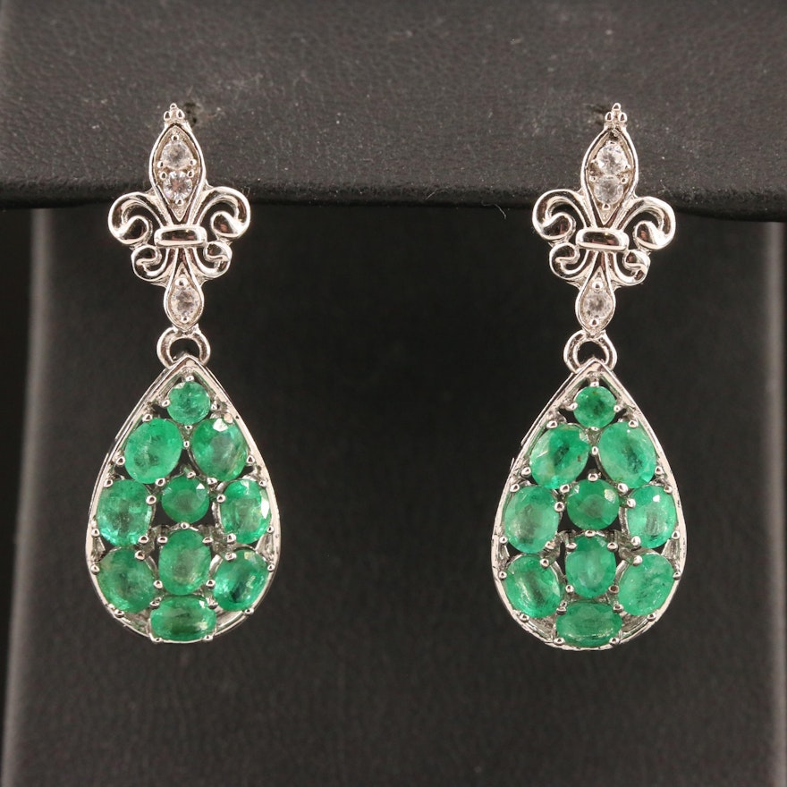 Sterling Silver Emerald and White Zircon Fleur de Lis Drop Cluster Earrings