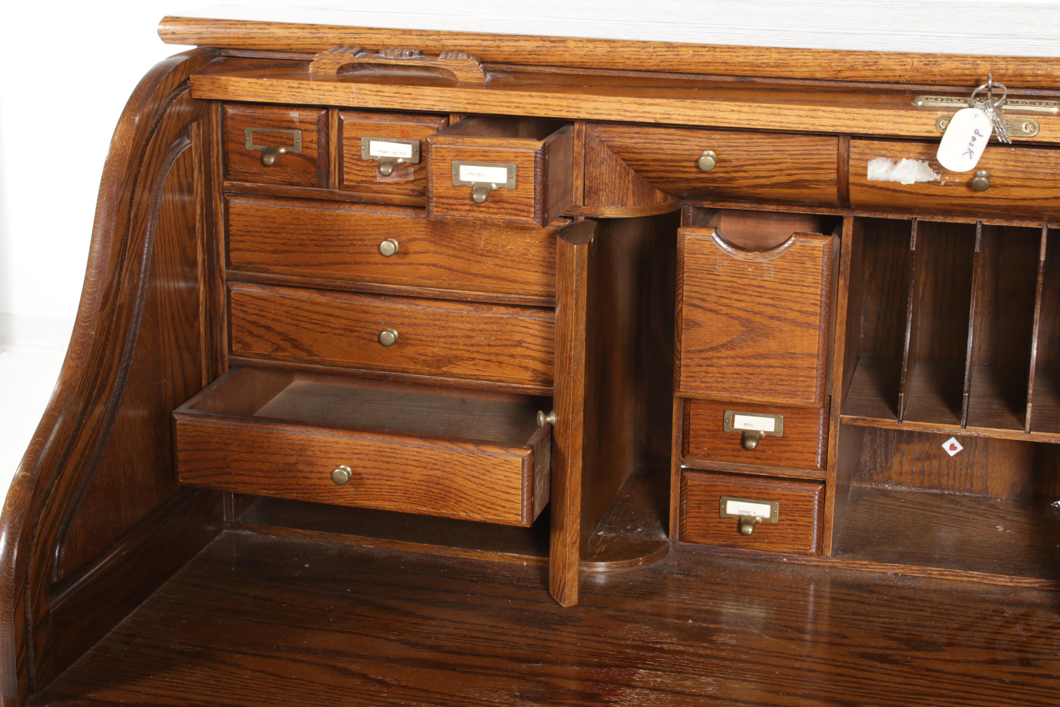 Postmaster Oak Roll Top Desk with File Cabinet, Mid to Late 20th Century