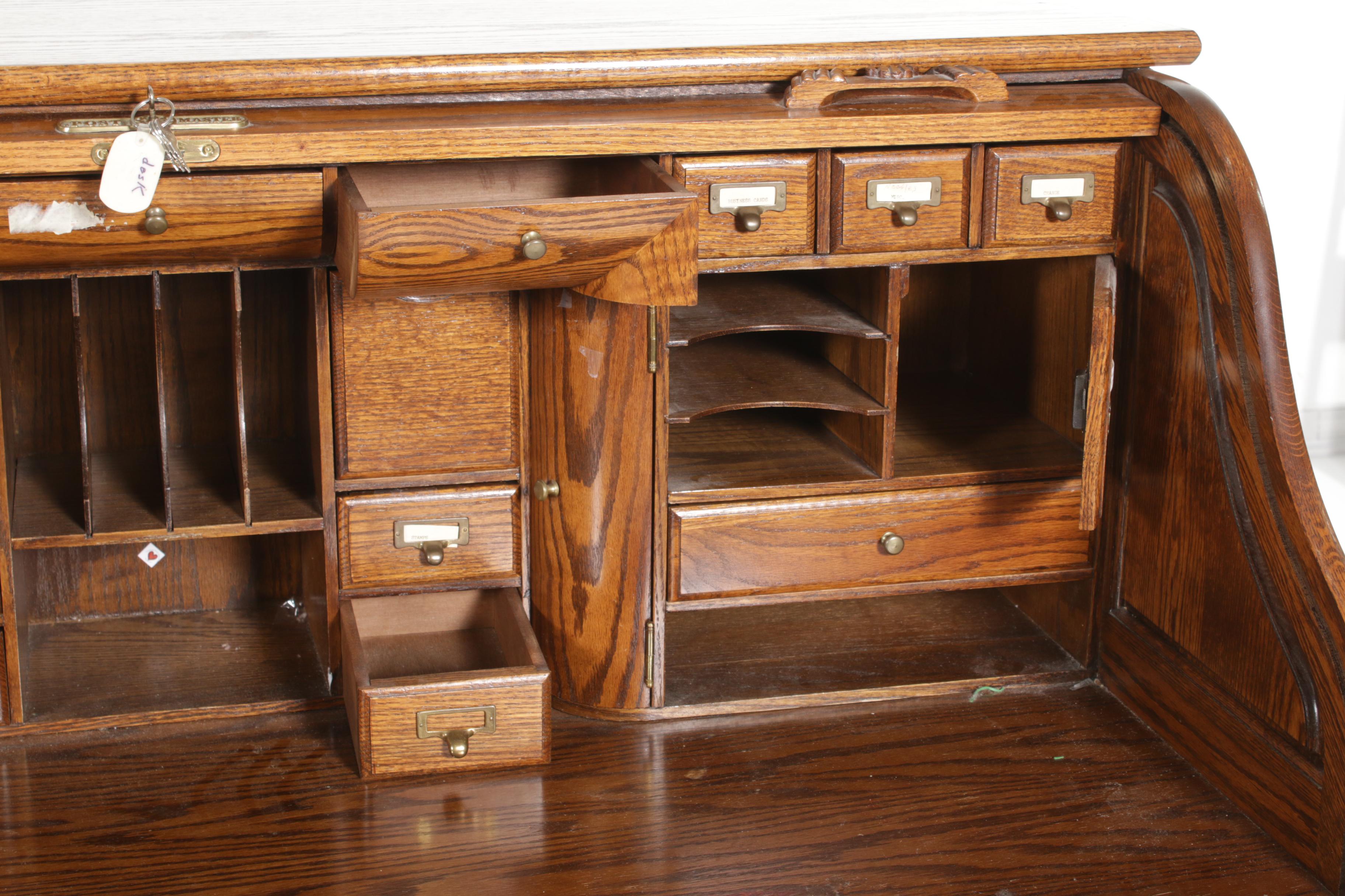 Postmaster Oak Roll Top Desk with File Cabinet, Mid to Late 20th Century