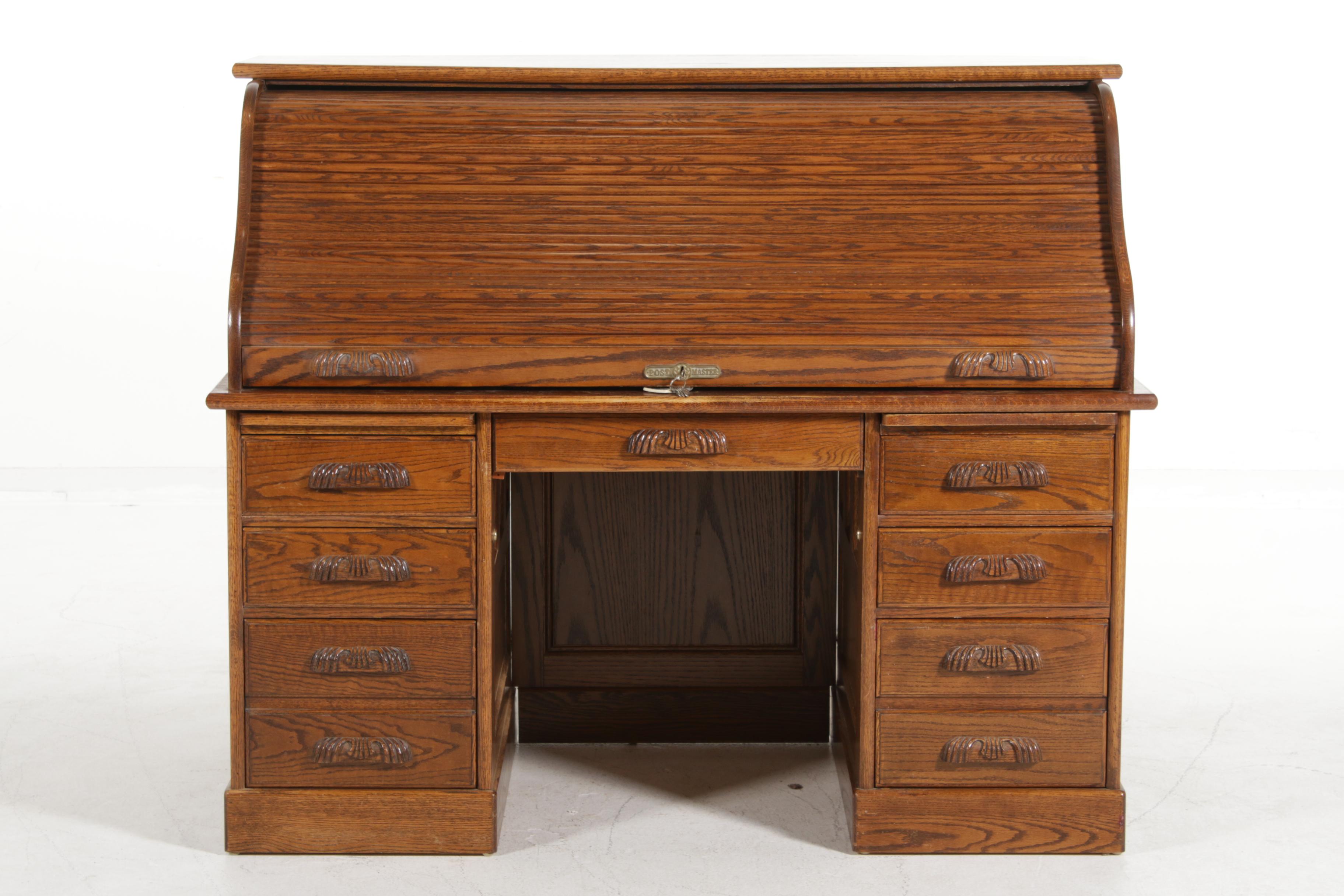 Postmaster Oak Roll Top Desk with File Cabinet, Mid to Late 20th Century