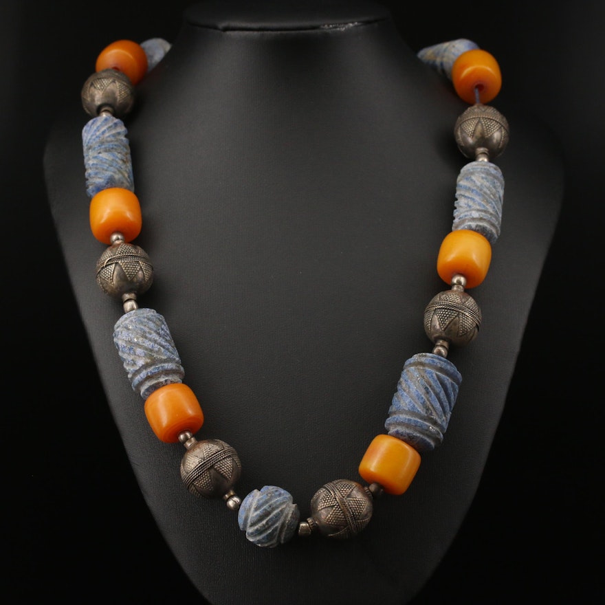 Tribal Style Carved Lapis Lazuli and Resin Bead Necklace with Sterling Clasp