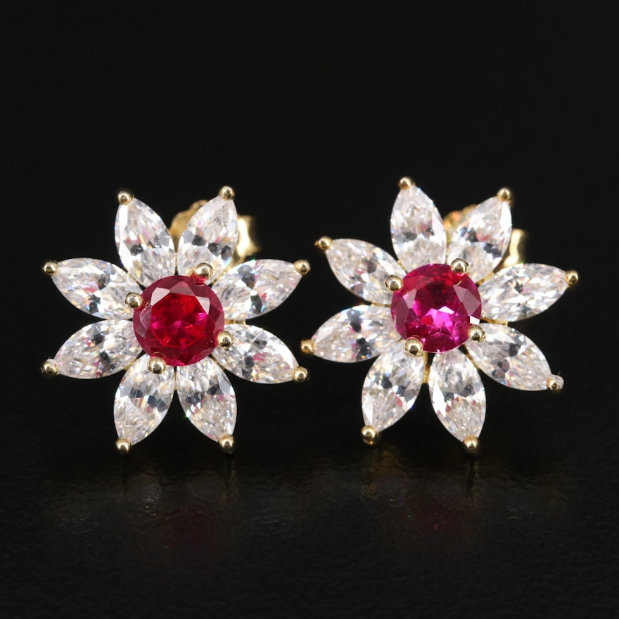 Sterling Silver Ruby and Cubic Zirconia Flower Motif Earrings