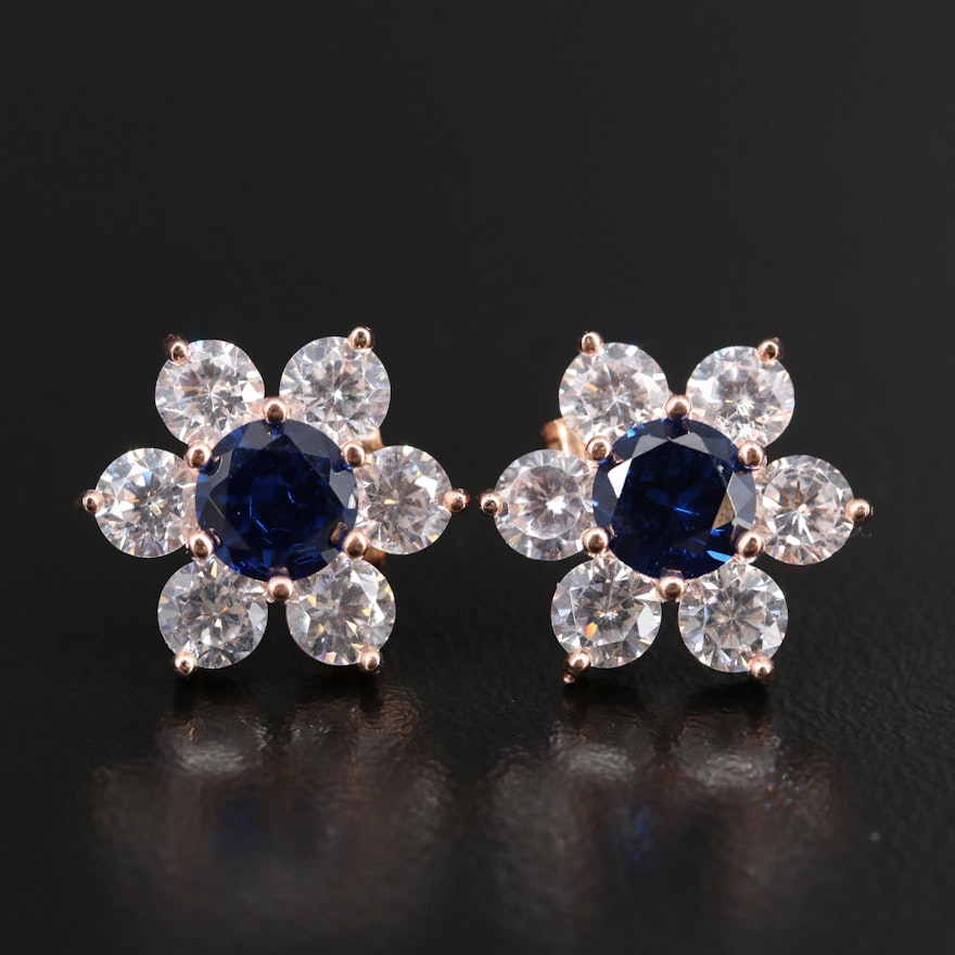 Sterling Spinel and Cubic Zirconia Flower Stud Earrings