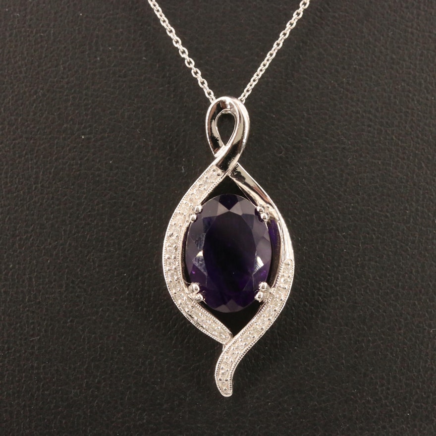 Sterling Silver Amethyst and Diamond Pendant Necklace