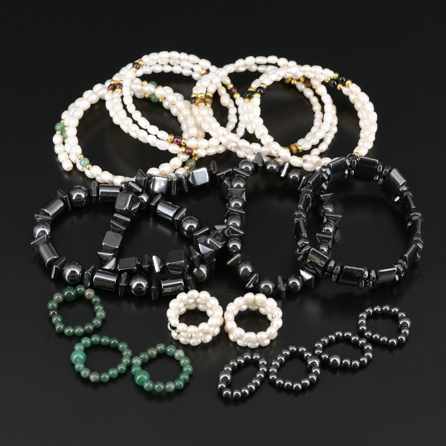 Gemstone Rings and Bracelets Featuring Pearl, Black Onyx and Imitation Hematite