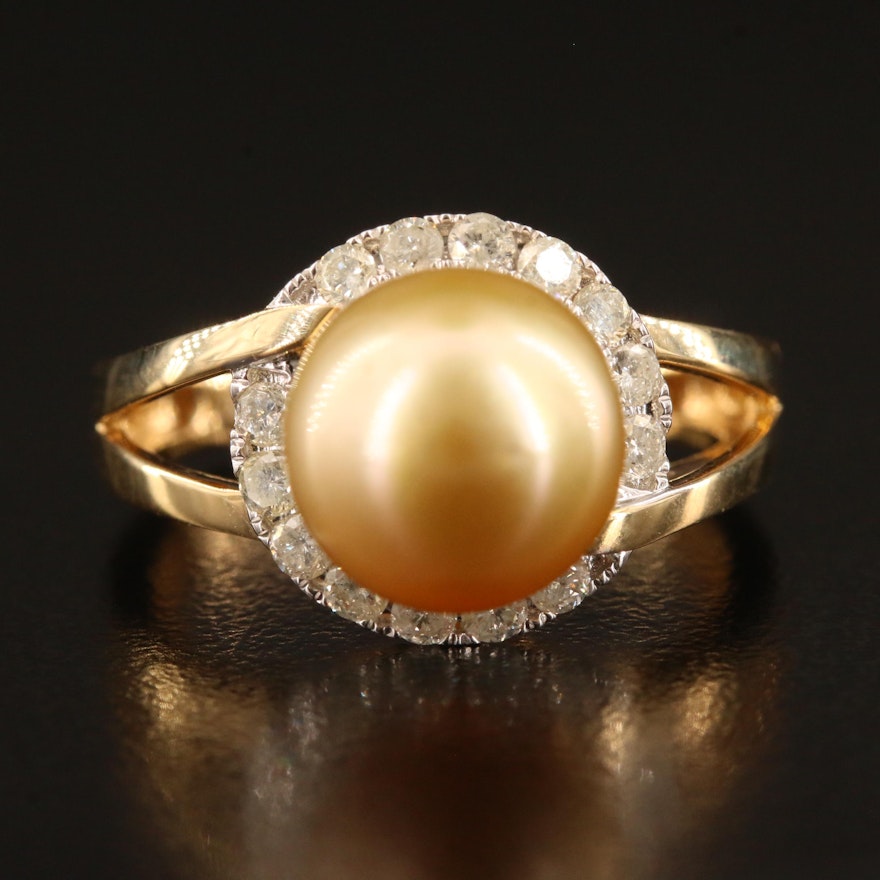 18K Pearl and Diamond Split Shank Ring