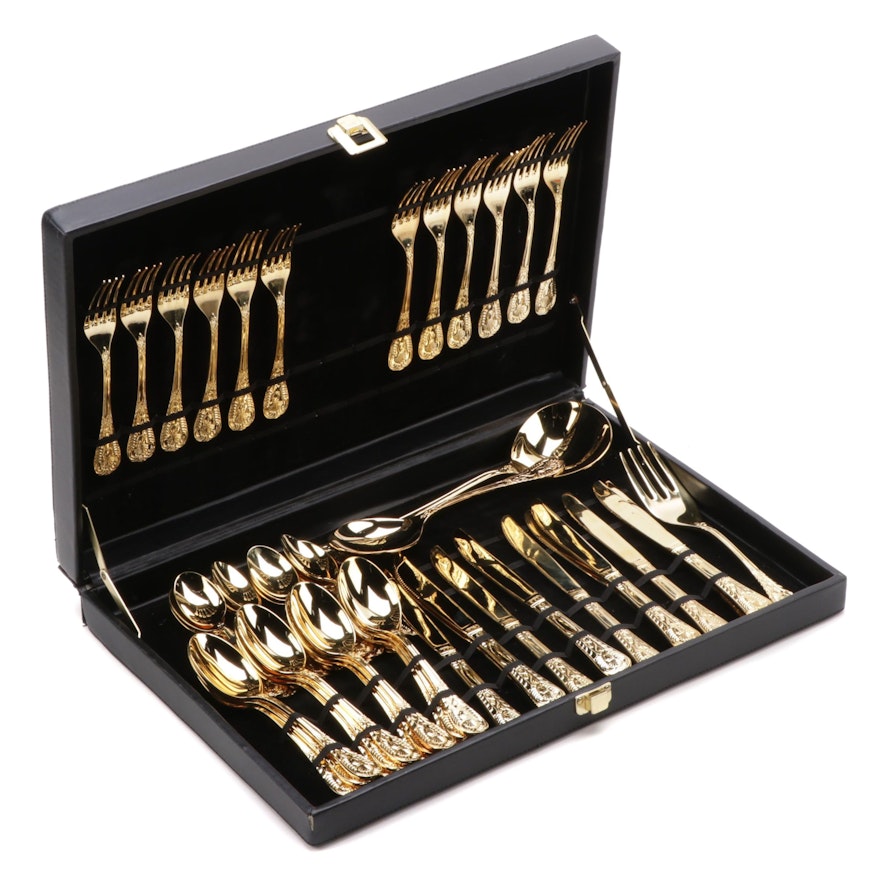 Gold Tone Stainless Steel Flatware Set with Case