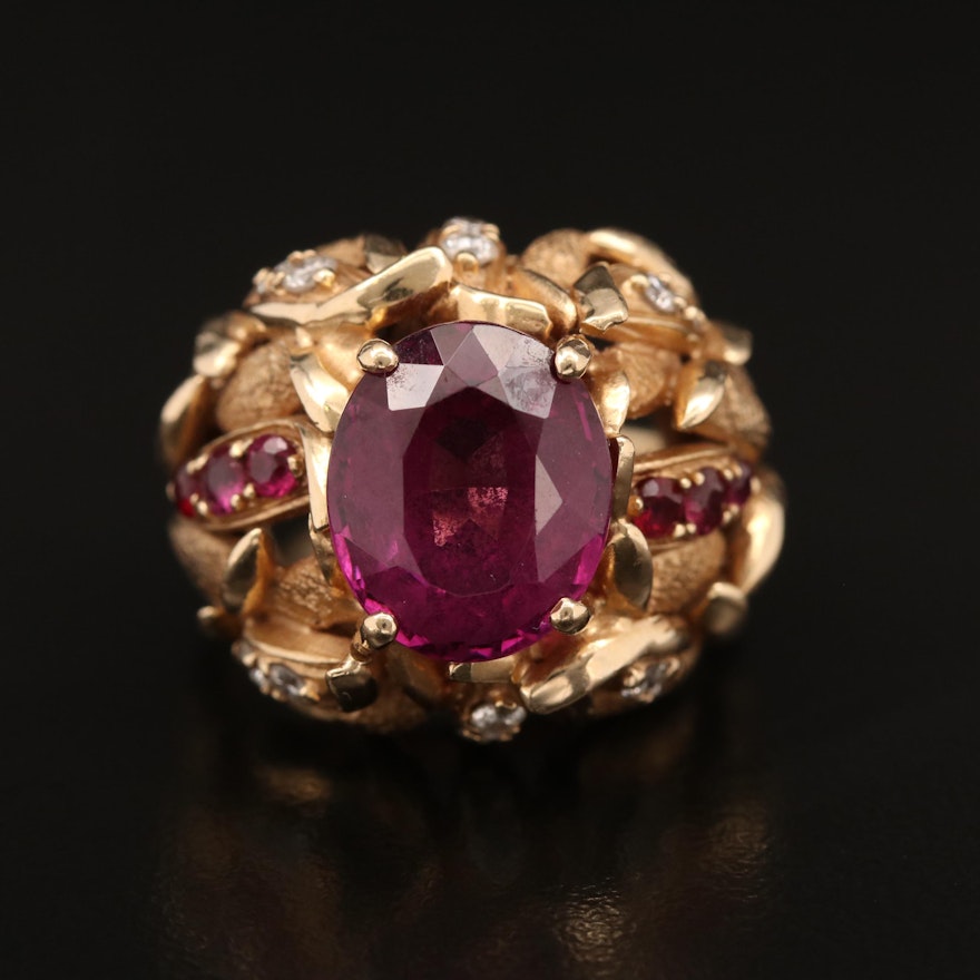 14K Rhodolite, Ruby and Diamond Foliate Ring with Euro Shank