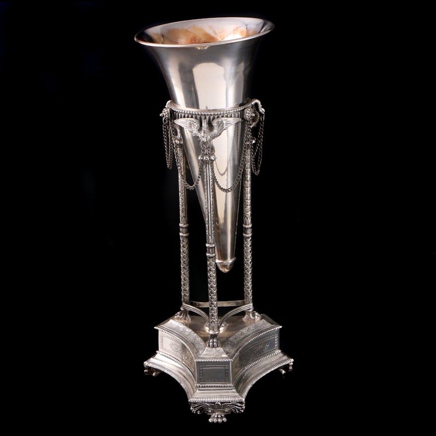 Empire Style Silver Plate Trumpet Vase, 20th Century