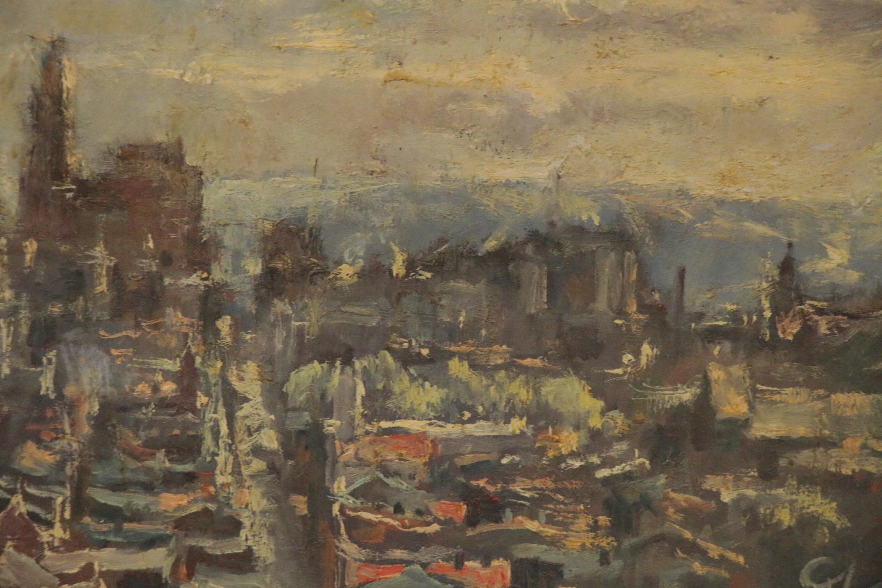 Carl von Volborth Oil Painting of a City Scape, 1962