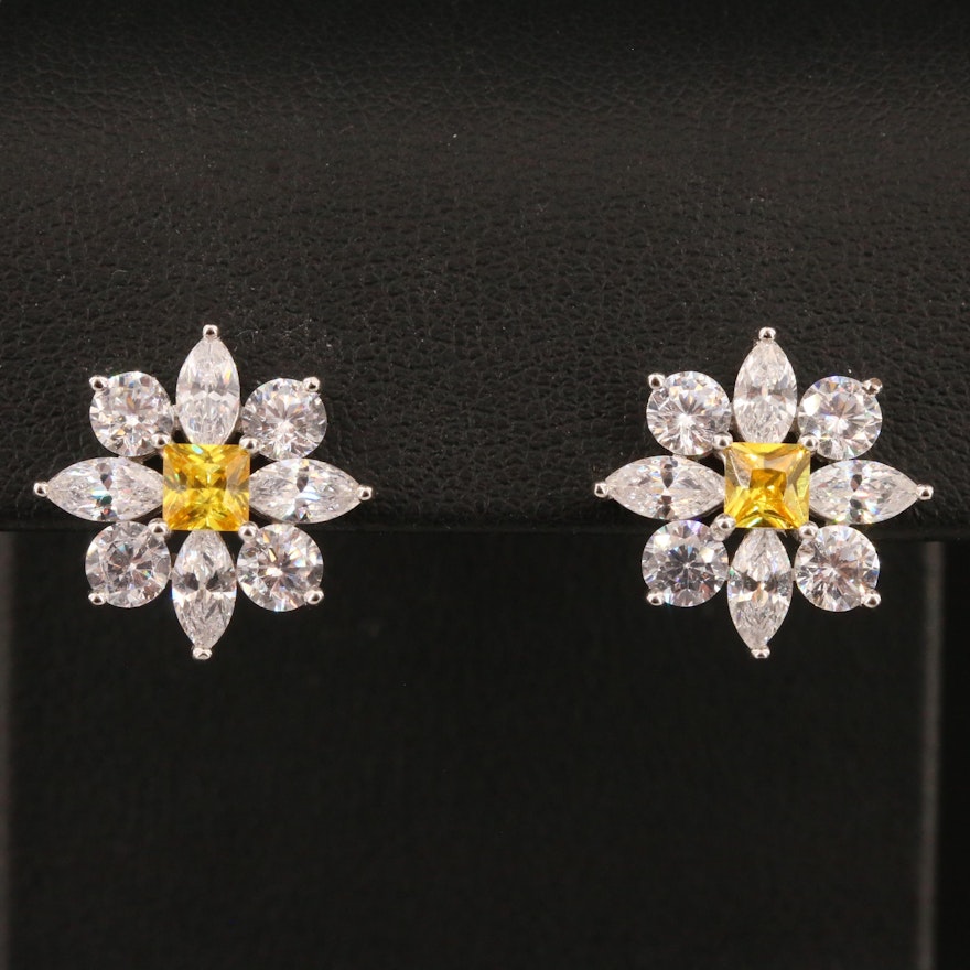 Sterling Silver Cubic Zirconia Floral Button Earrings