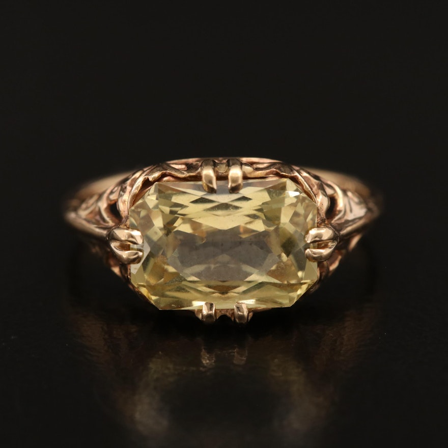 Vintage 10K Chrysoberyl Ring with Scroll Pattern