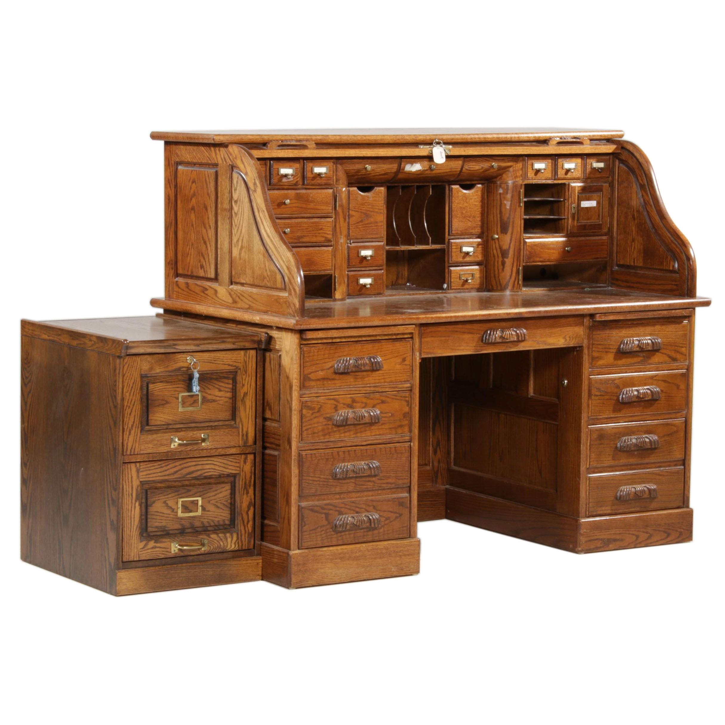 Postmaster Oak Roll Top Desk with File Cabinet, Mid to Late 20th Century