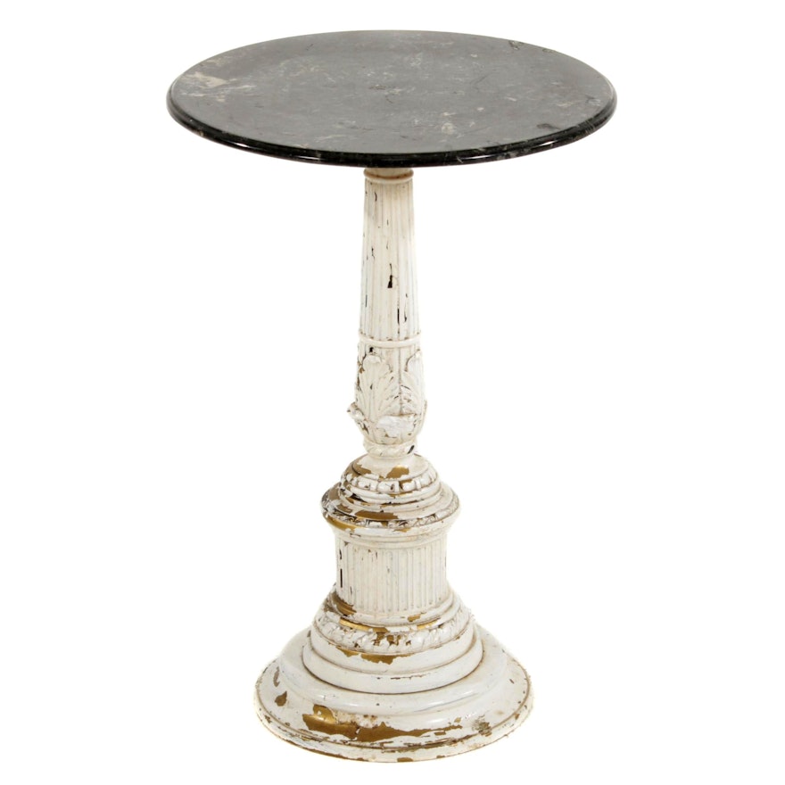 White-Painted Cast Metal and Black Marble Side Table