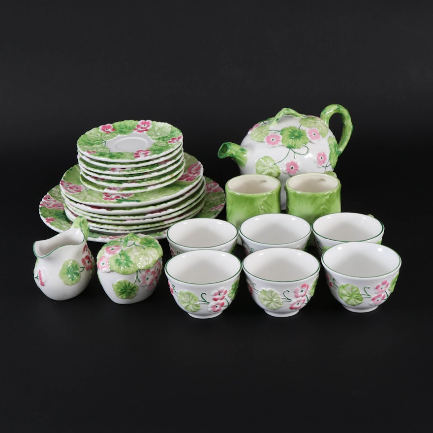 Hand-Painted Ceramic Tea Service with Pink Flowers, Late 20th Century