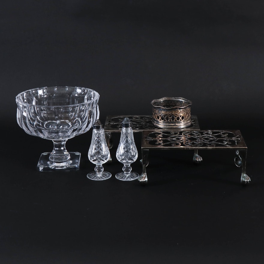 Crystal Compote, Silver Plate Footed Trivets and Other Table Accessories