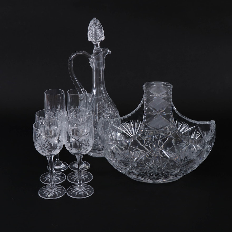 Cut Crystal Liquor Set and Basket, Mid to Late 20th Century