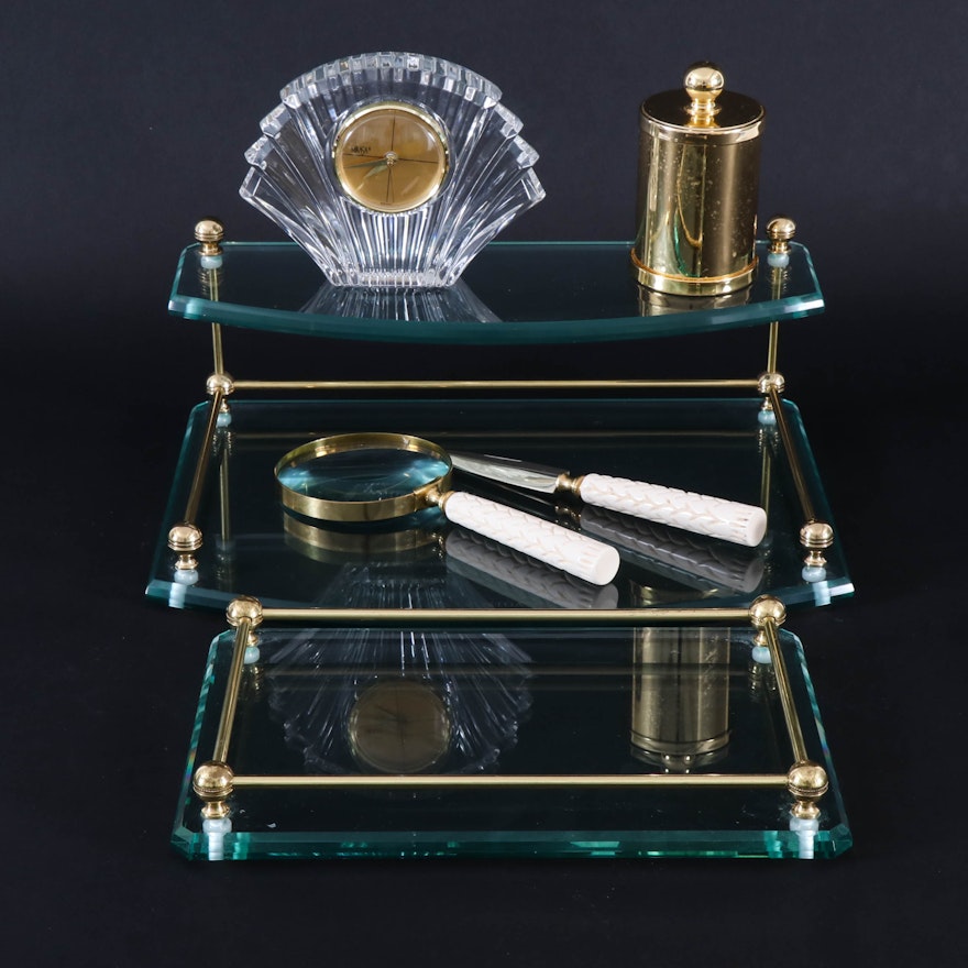 Frontgate Glass and Brass Vanity Trays with Bath and Office Accessories