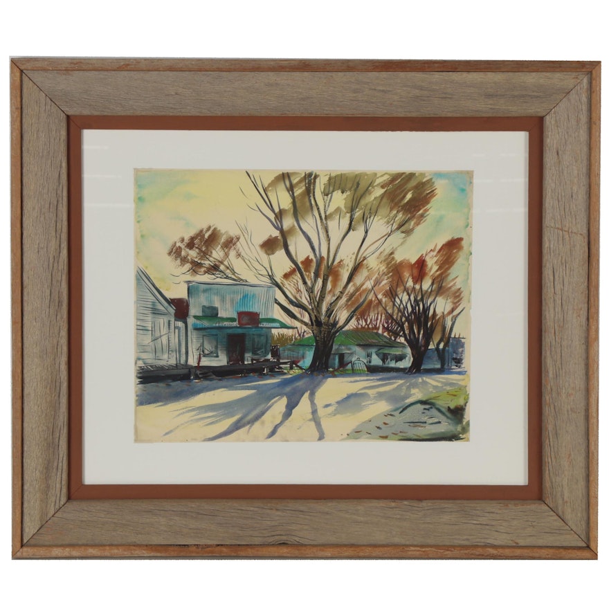 Watercolor Painting of Street Scene Landscape, Late 20th Century