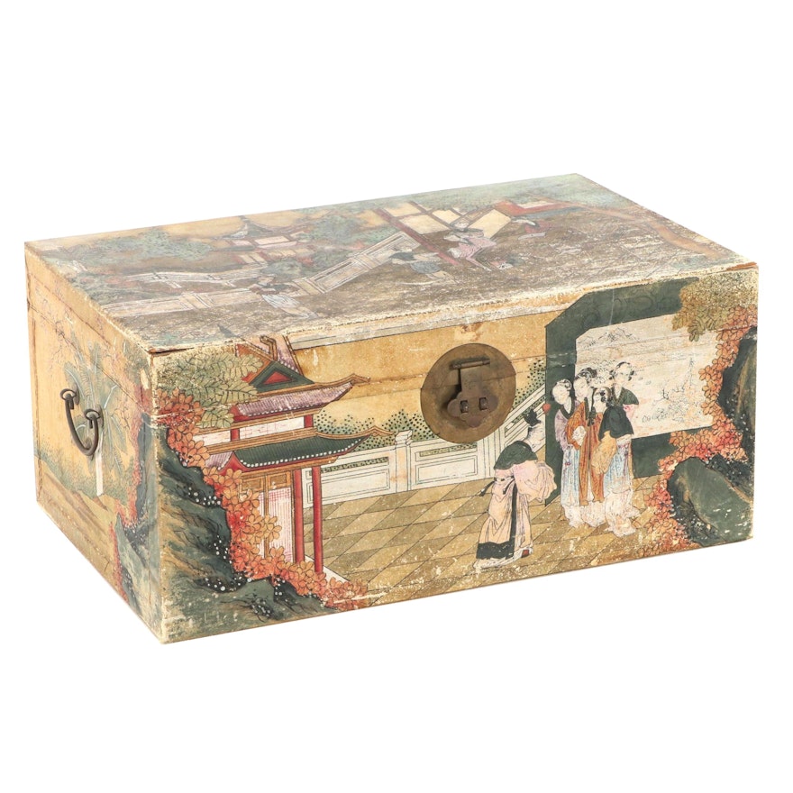Chinese Polychrome-Decorated and Pigskin-Lined Wood Trunk